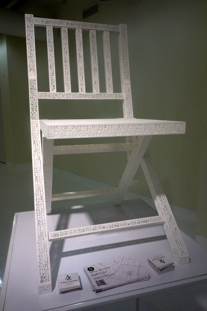 One and One Chair (2014) by Ashley Zilinskie The chair's structure is a code, which if scanned with the correct decoder would tell a computer, 'chair.' See next slide for detail shot.